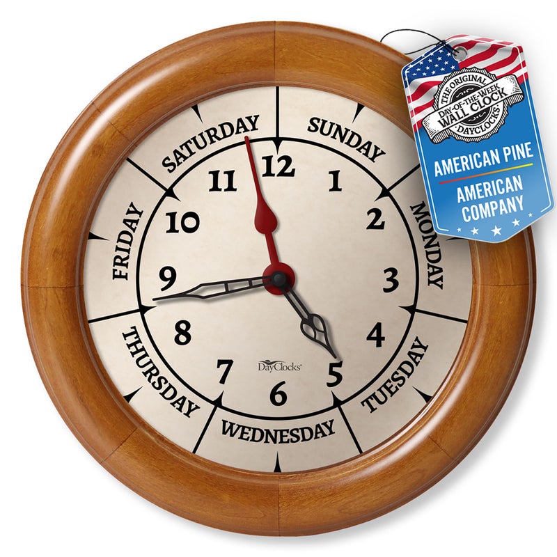 DayClocks Time & Week-Day Wall Clock with Solid Wood Frame â€“ Weekly Analog Clock with Days, Hours & Minutes â€“ Quiet Wall Mounted Clock - Ideal Retirement Gift for Men & Women, Pine Wood, 10" - Image 1