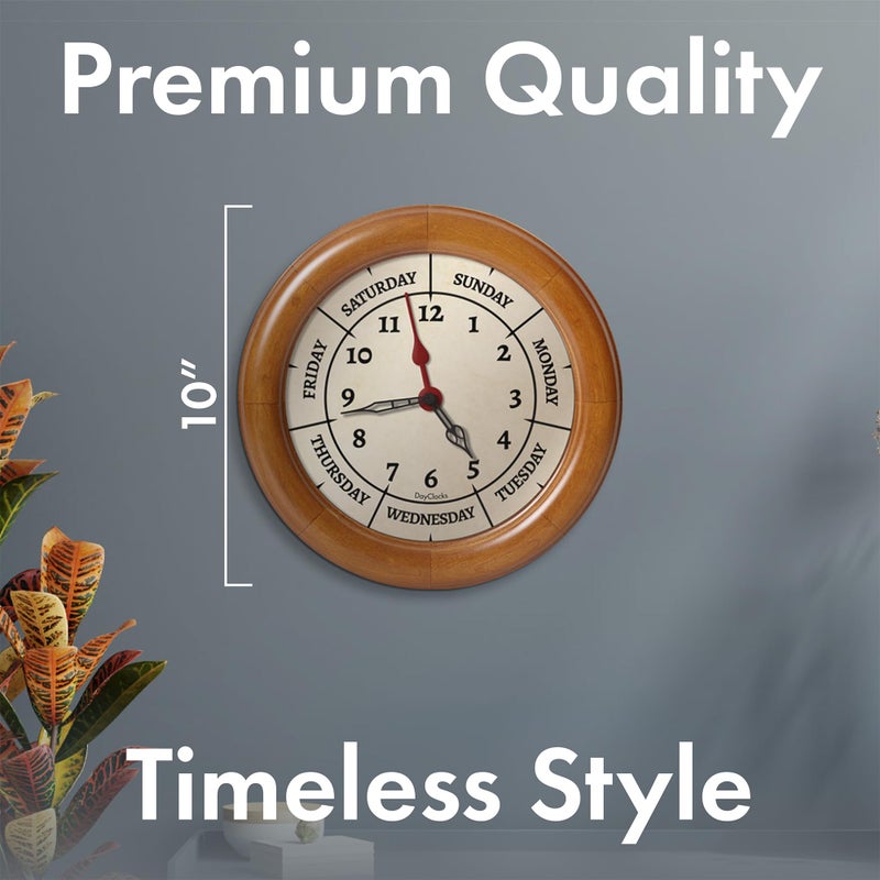 DayClocks Time & Week-Day Wall Clock with Solid Wood Frame â€“ Weekly Analog Clock with Days, Hours & Minutes â€“ Quiet Wall Mounted Clock - Ideal Retirement Gift for Men & Women, Pine Wood, 10" - Image 4