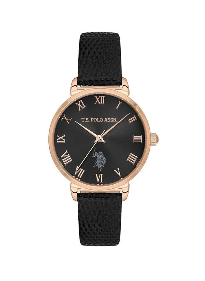 يو اس بولو اسن U.S. Polo Assn. Stile Ladies' 32mm Watch with Black Dial & Rose Gold Accents on Black Leather Strap - USPA2077-01, Boldly Stylish Sophistication