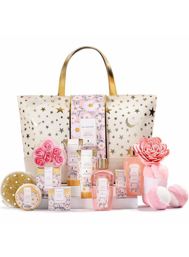 spa luxetique Gift Baskets for Women - Spa Luxetique Womens Gifts, 15pcs Daisy Spa Gift Sets with Bubble Bath, Body Butter, Hand Cream and Tote Bag, Birthday Gifts for Mom, Mothers Day Gifts for Mom - Image 1