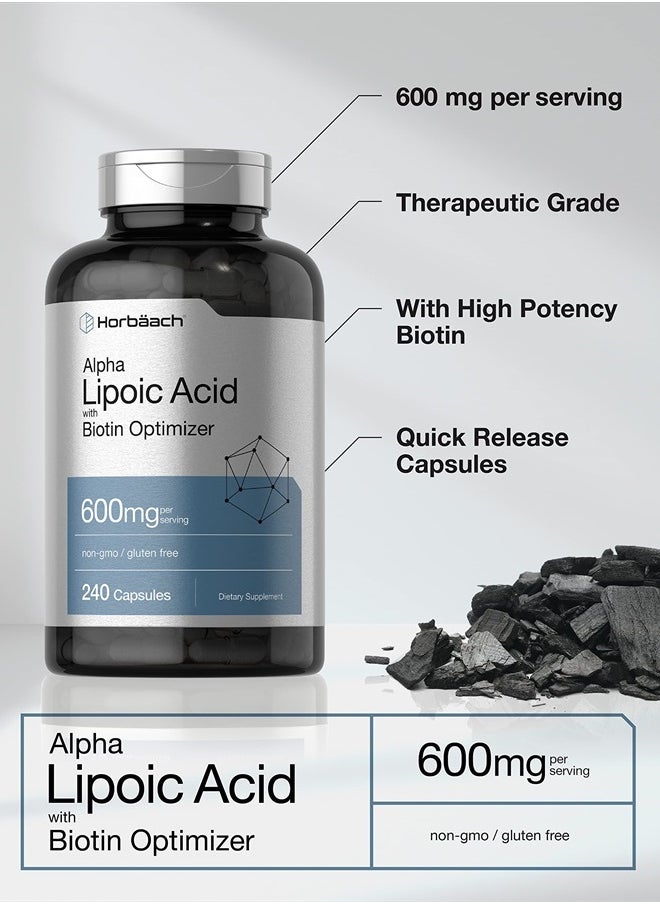 Horbaach Alpha Lipoic Acid 600mg | 240 Capsules | with Biotin Optimizer | Non-GMO and Gluten Free Supplement  - Image 3