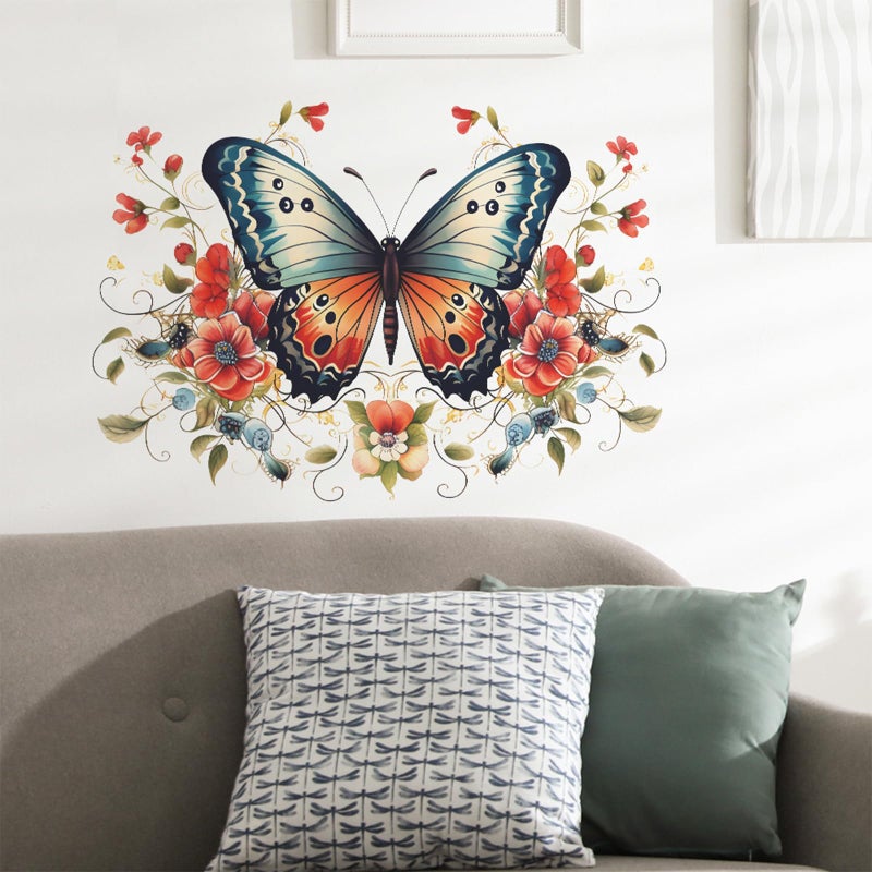 TUOKING Butterfly Red Flowers Wall Stickers Removable Wall Murals Peel and Stick Wall Art Decal Home Decor for Kitchen,Bedroom,Living Room(fun-e34) - Image 4