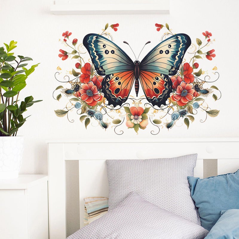 TUOKING Butterfly Red Flowers Wall Stickers Removable Wall Murals Peel and Stick Wall Art Decal Home Decor for Kitchen,Bedroom,Living Room(fun-e34) - Image 1
