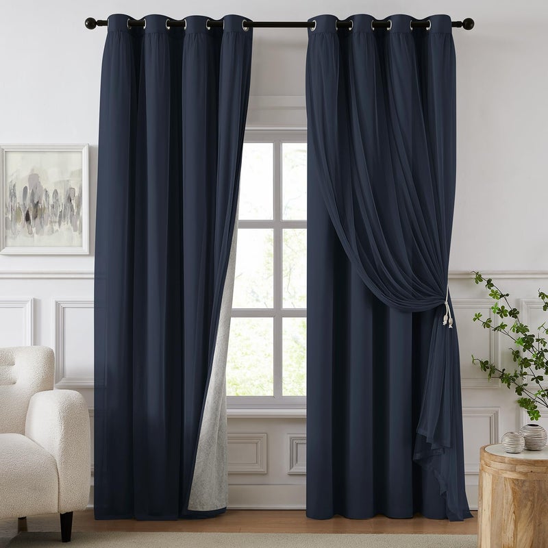 Swandream 100% Blackout Curtains for Bedroom, Double Layer Navy Blue Curtains, Black Out Curtain 84 inch long With Sheer Overlay for Living Room, Room Darkening Window Drapes with Grommet, 52"W x 84"L - Image 1