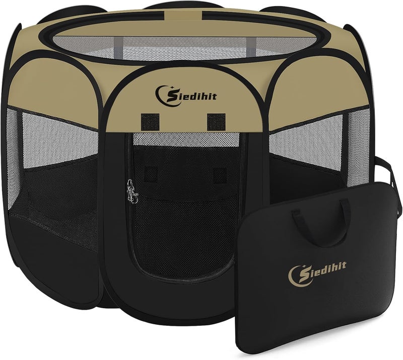 Siedihit Puppy Playpen for Small Dog Cat, Dogs Tent Crate Cage Indoor/Outdoor, Portable Pop Up Dog Kennel with Carrying Bag for Rabbits, Removable Top (Black Khaki, Small) - Image 1