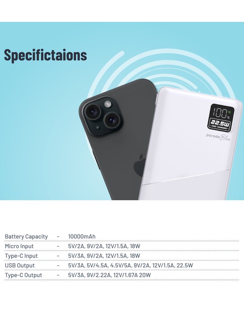 porodo 10000mAh Quick Charge Power Bank with Dual USB Output / PD 20W / 22.5W QC3.0 / 18W Micro Input / Digital Display PowerBank 10000 mAh - White - Image 2