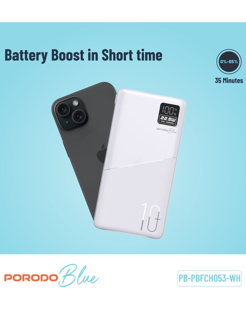 porodo 10000mAh Quick Charge Power Bank with Dual USB Output / PD 20W / 22.5W QC3.0 / 18W Micro Input / Digital Display PowerBank 10000 mAh - White - Image 3