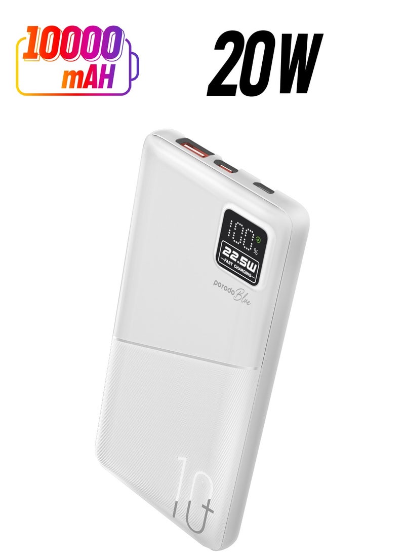 porodo 10000mAh Quick Charge Power Bank with Dual USB Output / PD 20W / 22.5W QC3.0 / 18W Micro Input / Digital Display PowerBank 10000 mAh - White - Image 1