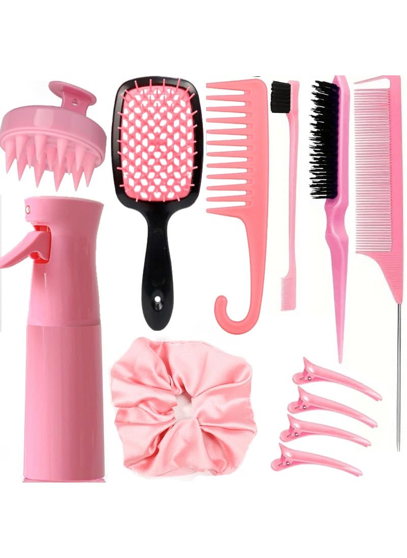 SUPHOUSE - 12 Pcs Hair Brush Set 3 Pieces Slick Back Hair Brushes for Toddlers Women Detangling Brush for Wet Dry Curly Hair Edge Bristles Wide Tooth Rat Tail Combs for Baby Girls pink - Image 1