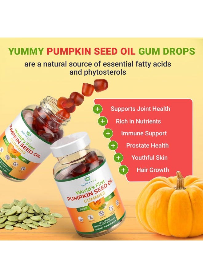 Purify Life - Sugar-Free Pumpkin Seed Oil Gummies (4,000mg/serving) Pumpkin Seed Oil for Hair Growth, Youthful Skin, Prostate Health, Immune & Urinary Tract Support-Natural Source of Essential Fatty Acids-60 Chews - Image 1