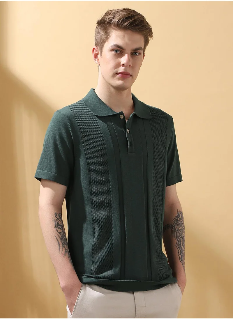 دينيس لينغو Upgrade your wardrobe with this premium Green Regular Fit Tshirts Textured design crafted from 100% Cotton featuring Half Sleeve with Pullover closure.