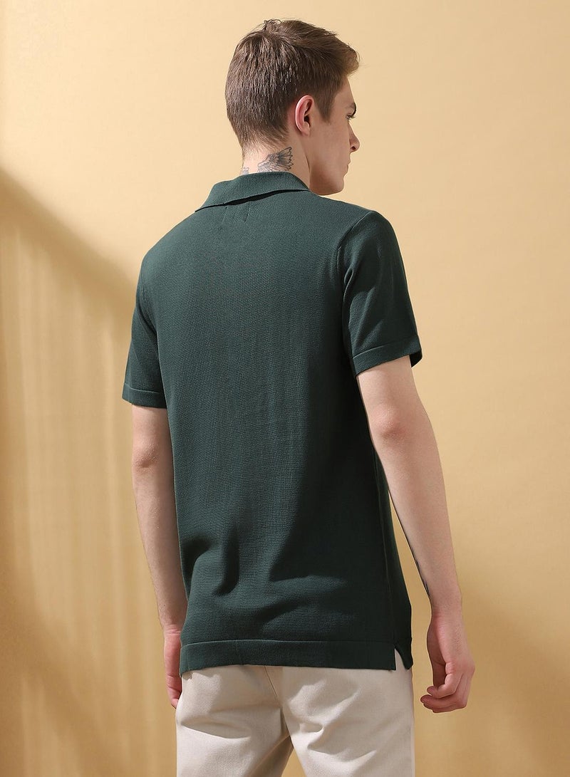 Dennis Lingo Men's Green 100% Cotton Textured Regular Fit T-Shirt  - Image 3