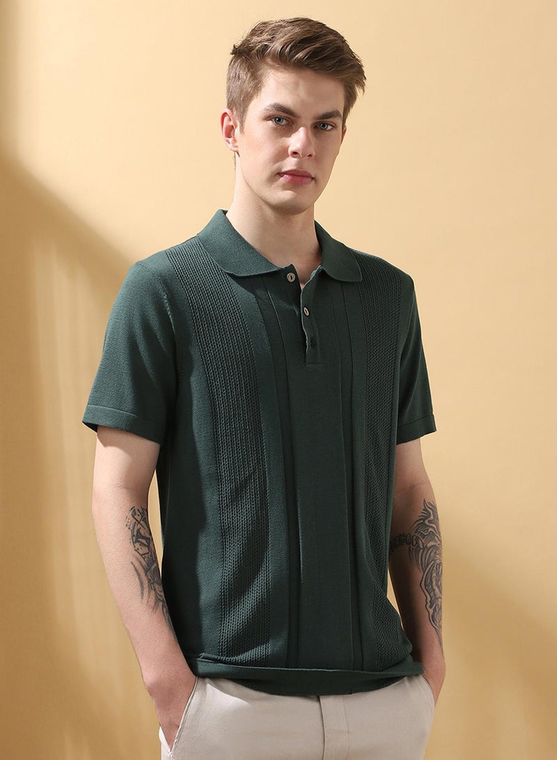 Dennis Lingo Men's Green 100% Cotton Textured Regular Fit T-Shirt  - Image 1