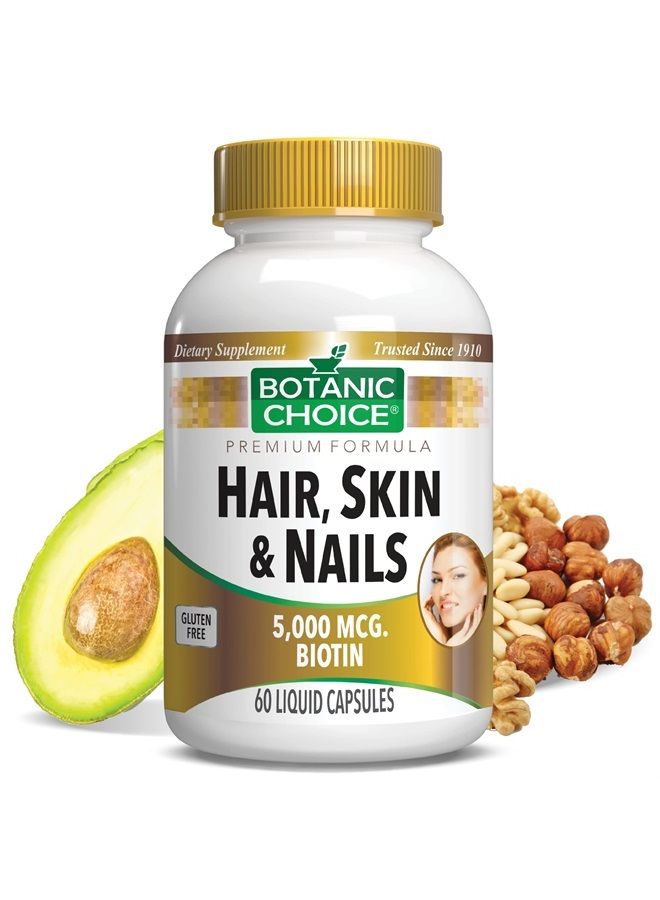 Botanic Choice Hair, Skin & Nails – Biotin Supplement with Collagen, Vitamin C, & Iron – Super Antioxidant Blend with Argan Oil & Hyaluronic Acid Vitamins for Women and Men – (60 Liquid Capsules) - Image 1
