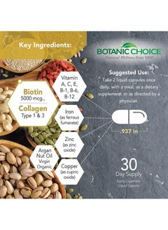 Botanic Choice Hair, Skin & Nails – Biotin Supplement with Collagen, Vitamin C, & Iron – Super Antioxidant Blend with Argan Oil & Hyaluronic Acid Vitamins for Women and Men – (60 Liquid Capsules)  - Image 3
