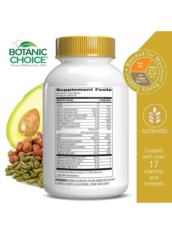 Botanic Choice Hair, Skin & Nails – Biotin Supplement with Collagen, Vitamin C, & Iron – Super Antioxidant Blend with Argan Oil & Hyaluronic Acid Vitamins for Women and Men – (60 Liquid Capsules) - Image 2