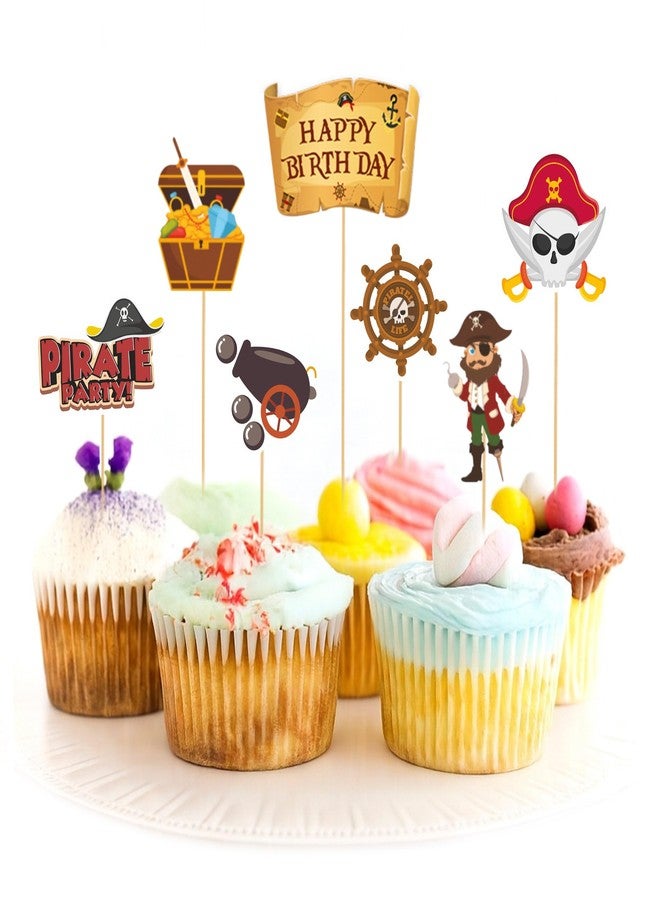Just Party Pirates Theme Happy Birthday Cake Topper & Birthday Props for Kids | Sea Adventure Cake Toppers for Cake Decoration & Photo Props / Muffin Toppers | Set of 6 Props + 1 Topper - Image 1