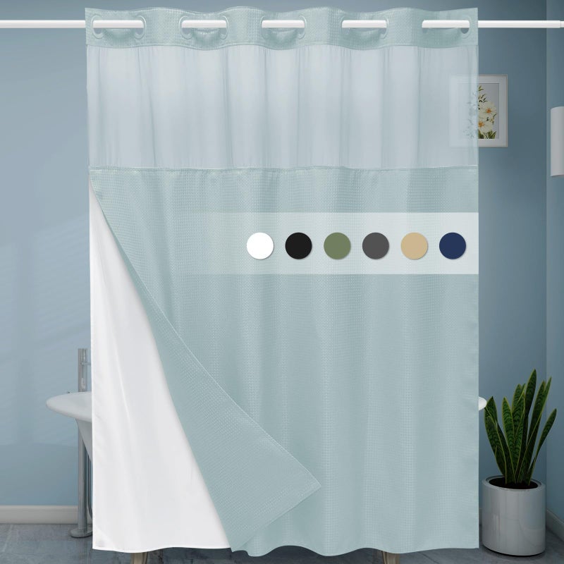 EUTXL FOG Blue No Hook Shower Stain مع SNAP في بطانة 230GSM الستائر نسج Waffle Waffle للحمام 71W × 74H - Image 1