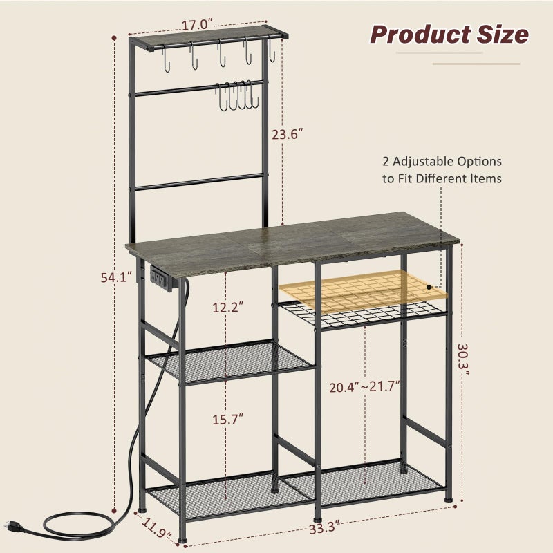 3IngSeagulls Bakers Rack with Power Outlet, Kitchen Microwave Stand with 10 S-shaped Hooks, 6-Tier Coffee Bar Station, Kitchen Storage Shelf Rack for Spices, Pots, Gray - Image 2