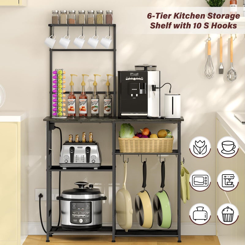 3IngSeagulls Bakers Rack with Power Outlet, Kitchen Microwave Stand with 10 S-shaped Hooks, 6-Tier Coffee Bar Station, Kitchen Storage Shelf Rack for Spices, Pots, Gray - Image 4