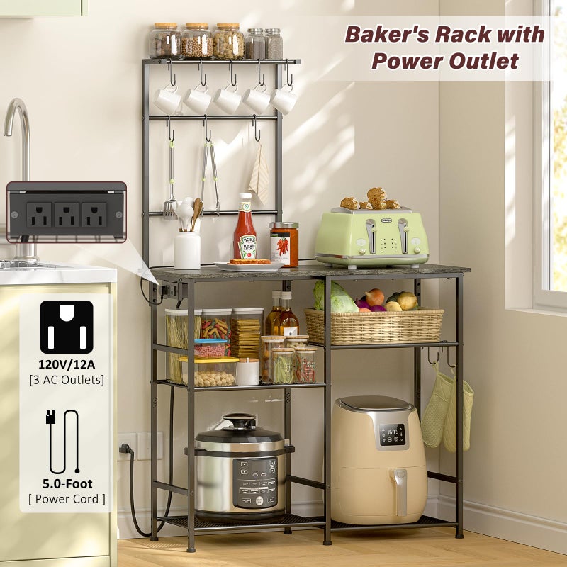 3IngSeagulls Bakers Rack with Power Outlet, Kitchen Microwave Stand with 10 S-shaped Hooks, 6-Tier Coffee Bar Station, Kitchen Storage Shelf Rack for Spices, Pots, Gray - Image 3