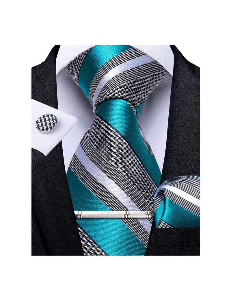 DiBanGu Mens Striped Tie Silk Woven Necktie and Pocket Square Cufflinks Tie Clip Set Wedding Business Formal, Teal and Grey - Image 1