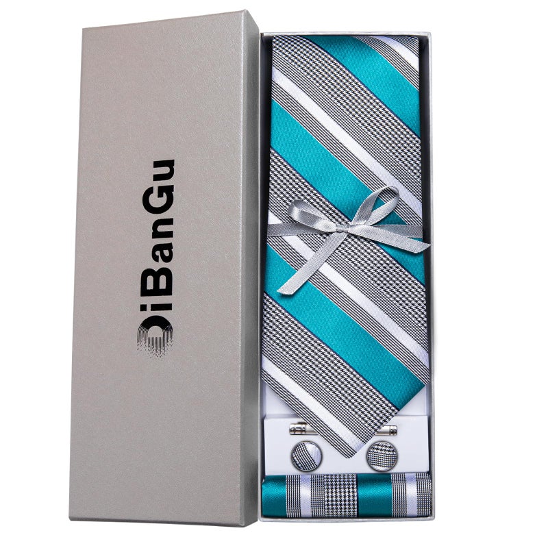DiBanGu Mens Striped Tie Silk Woven Necktie and Pocket Square Cufflinks Tie Clip Set Wedding Business Formal, Teal and Grey - Image 4