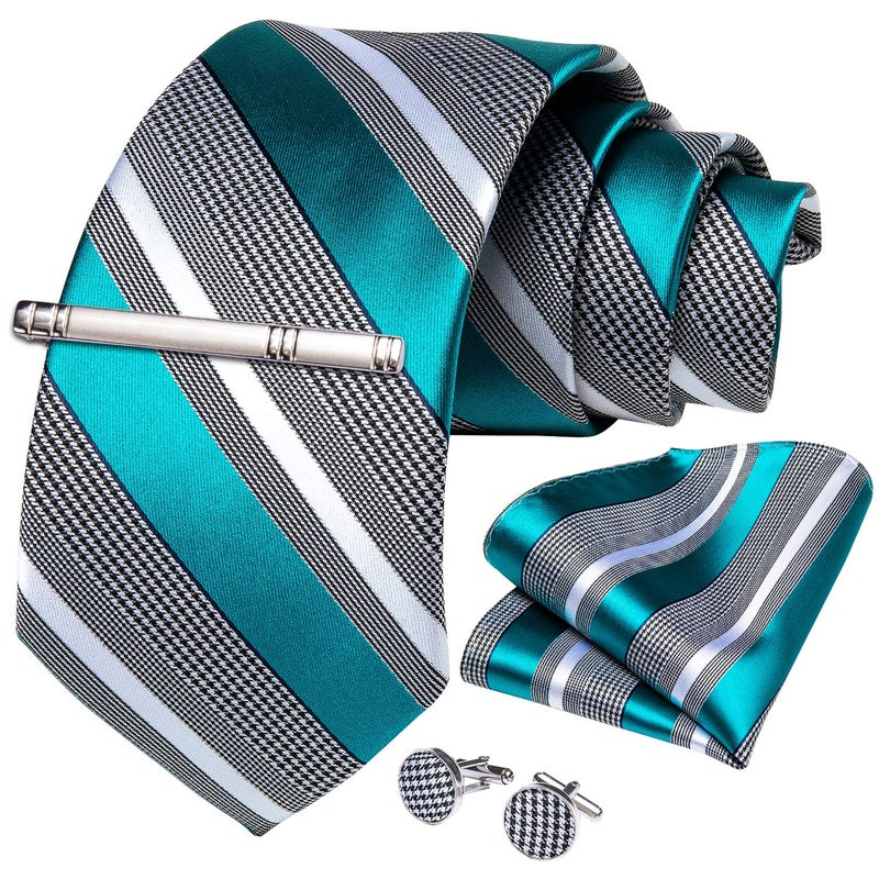 DiBanGu Mens Striped Tie Silk Woven Necktie and Pocket Square Cufflinks Tie Clip Set Wedding Business Formal, Teal and Grey - Image 3