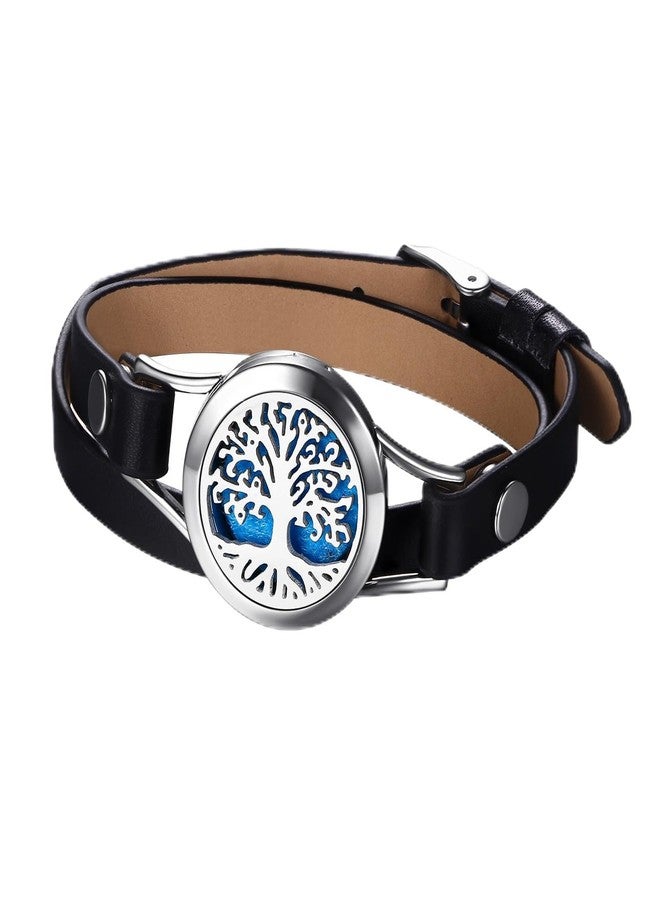 OIDEA Essential Oil Bracelet: Stainless Steel Tree of Life Pattern Aromatherapy Locket Adjustable Leather Wrap Bracelet with 10pcs Refill Pads Gift for Women Wife Mom Sister Best Friend - Image 1
