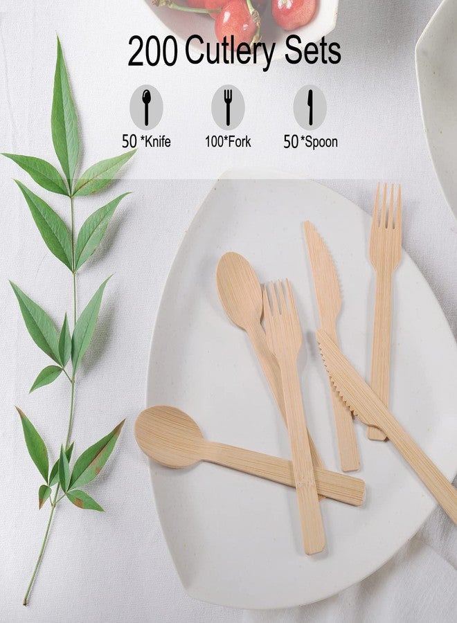 MEINV 200 Pack Disposable Bamboo Utensils - 100% Eco-Friendly Bamboo Cutlery Set with 100 Forks, 50 Spoons, and 50 Knives - Perfect for Weddings and Parties, Recyclable and Compostable Flatware - Image 2