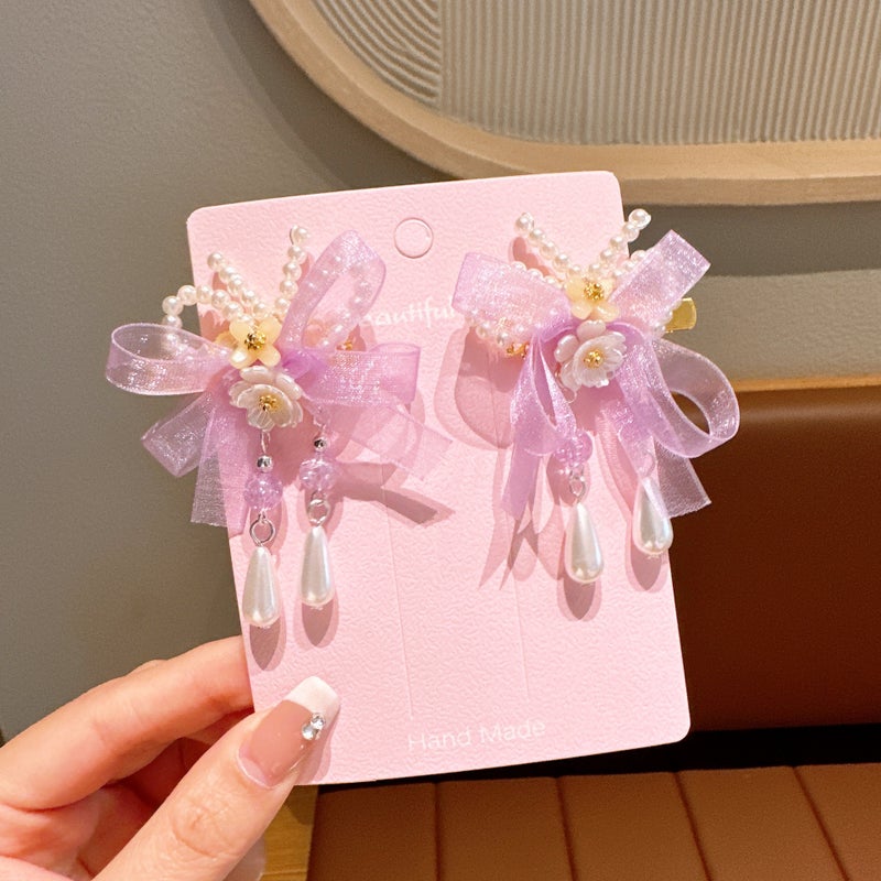 Generic New Childrens Antique Hair Accessories Flower Butterfly Antique Headwear Retro Tassel Streaming Belt Hanfu Hairpin Tang Clothing Accessories 53 Purple Pendant Pearl (Pair)