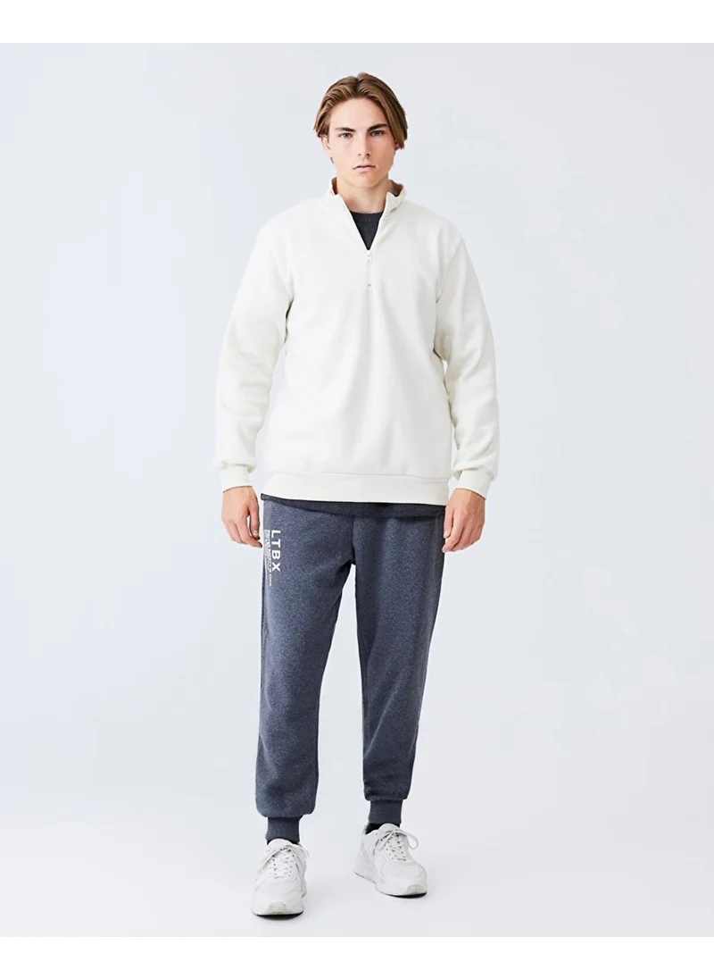 LTB Plain Stand Collar Half Zipper Regular Fit White Sweatshirt
