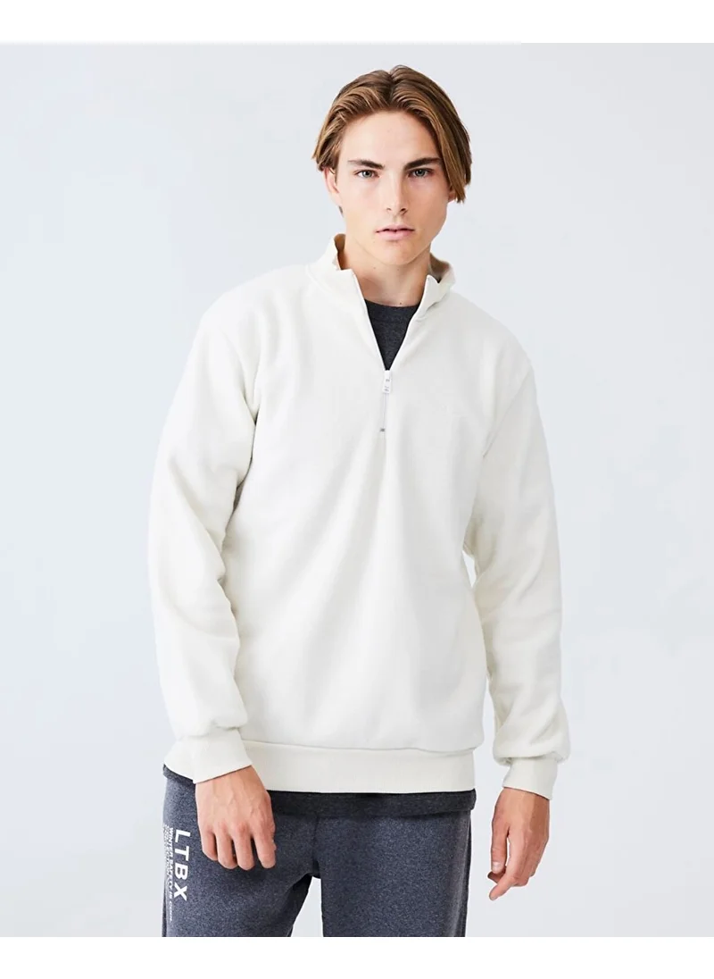LTB Plain Stand Collar Half Zipper Regular Fit White Sweatshirt