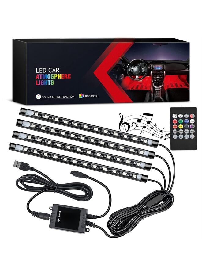 4 قطع، 48 مصباح ليد، USB، تيار مستمر 5 فولت، متعدد الألوان، شريط إضاءة للسيارة، إضاءة تحت لوحة القيادة، مع خاصية تنشيط الصوت وجهاز تحكم عن بعد لاسلكي. - Image 1
