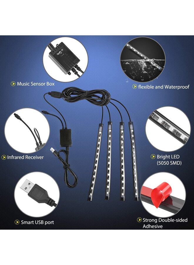 4 قطع، 48 مصباح ليد، USB، تيار مستمر 5 فولت، متعدد الألوان، شريط إضاءة للسيارة، إضاءة تحت لوحة القيادة، مع خاصية تنشيط الصوت وجهاز تحكم عن بعد لاسلكي. - Image 2
