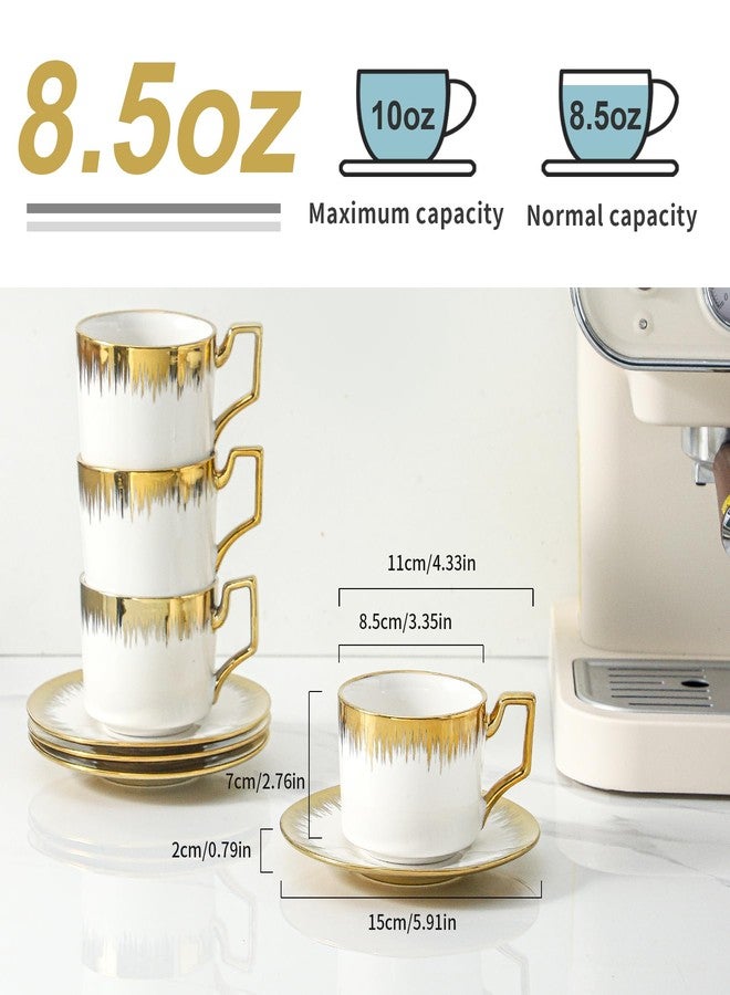 LETAOTAO Cappuccino Cups with Saucers, 7 oz Stackable Ceramic Coffee Cup and Saucer with Gold Trim, Turkish Coffee Cups Set for Double Espresso, Tea Cups Set of 6, White - Image 2