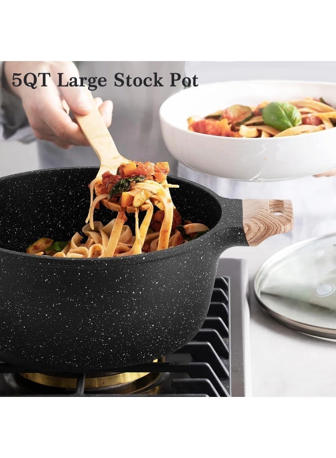 طقم اواني طبخ ١١ قطعة، طناجر و مقالي مانعة للالتصاق، اواني جرانيت للتسخين بالتحريض، طقم مطبخ غير لاصق، لون اسود ١١ قطعة مع ادوات الخبز، خالي من PFOS و PFOA - Image 5