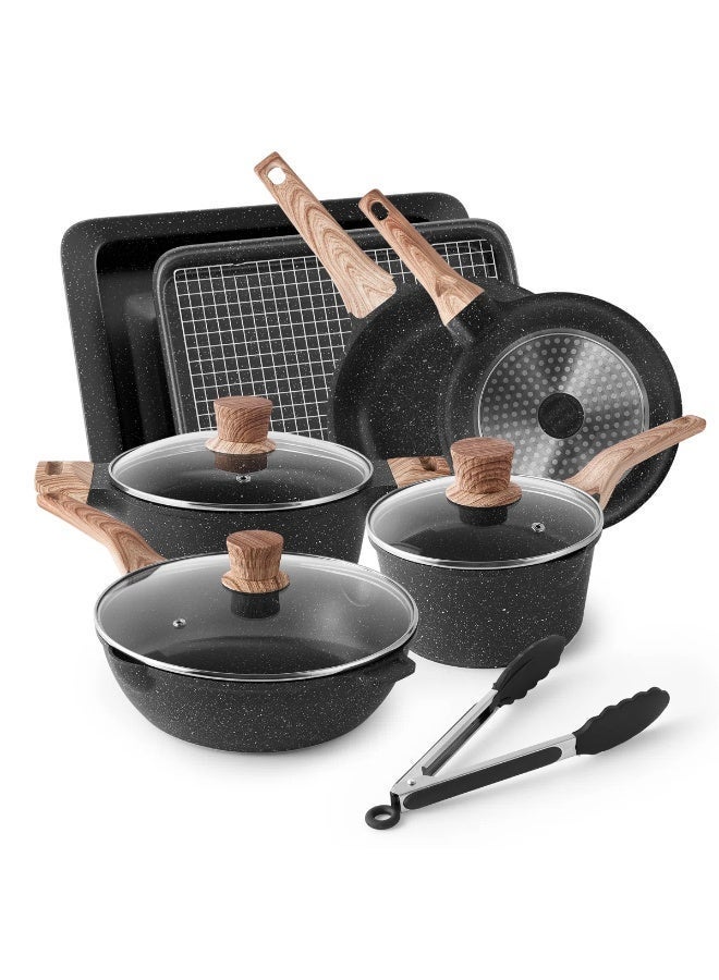 طقم اواني طبخ ١١ قطعة، طناجر و مقالي مانعة للالتصاق، اواني جرانيت للتسخين بالتحريض، طقم مطبخ غير لاصق، لون اسود ١١ قطعة مع ادوات الخبز، خالي من PFOS و PFOA - Image 1