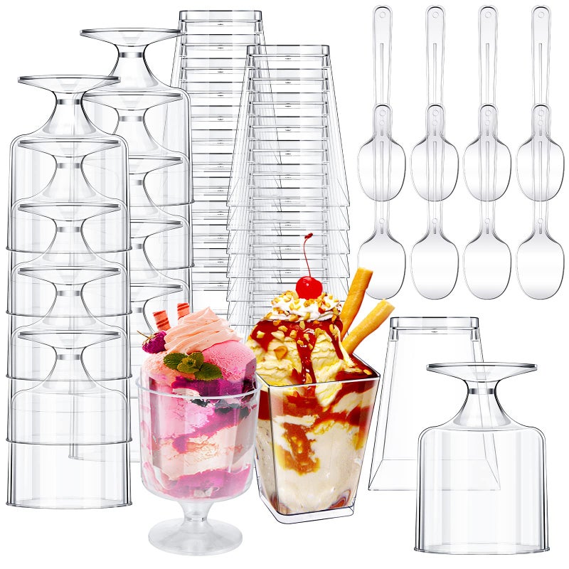 Funtery 300 Pack Mini Dessert Cups with Spoons Bulk Clear Plastic Slanted Round Parfait Appetizer Cup for Desserts Shooters5ozSquare Goblet