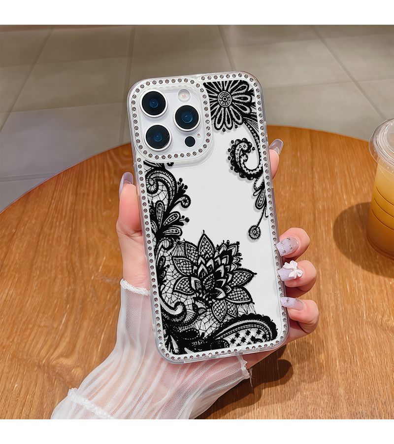 Clear Transparent Rhinestone Lace Flower Pattern Phone Case For iPhone 16 Pro Max - Image 4