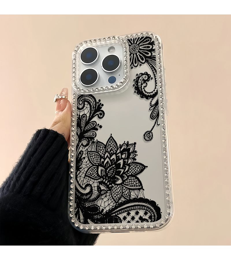 Clear Transparent Rhinestone Lace Flower Pattern Phone Case For iPhone 16 Pro Max - Image 3