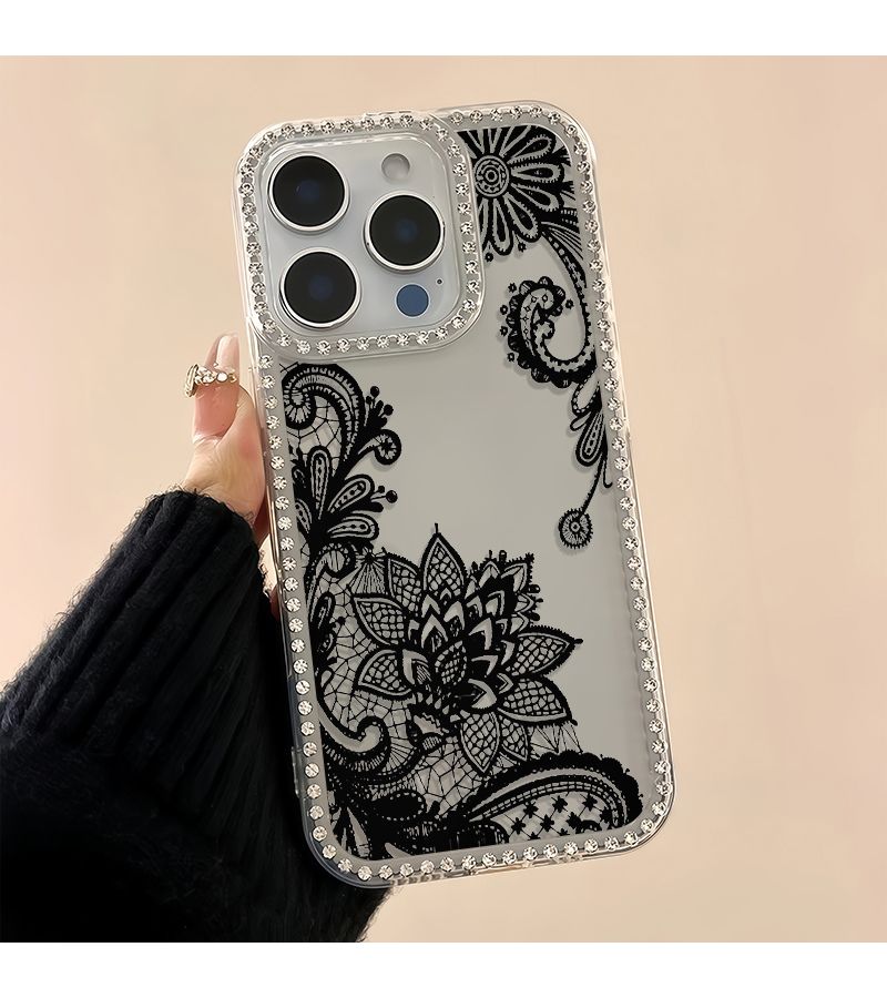 Clear Transparent Rhinestone Lace Flower Pattern Phone Case For iPhone 16 Pro Max - Image 2