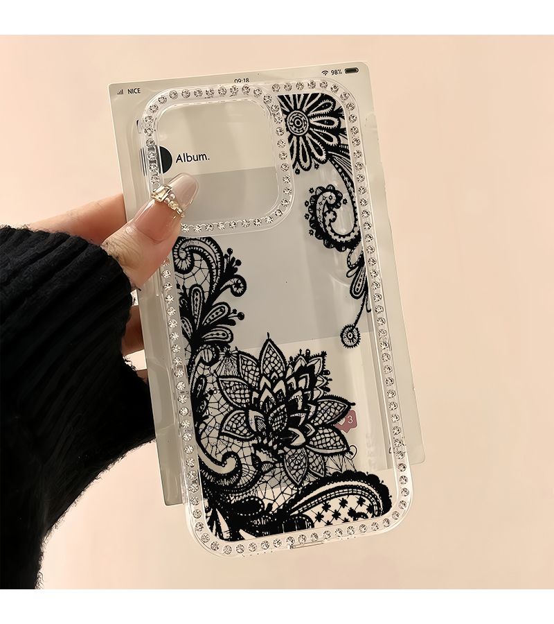 Clear Transparent Rhinestone Lace Flower Pattern Phone Case For iPhone 16 Pro Max - Image 1
