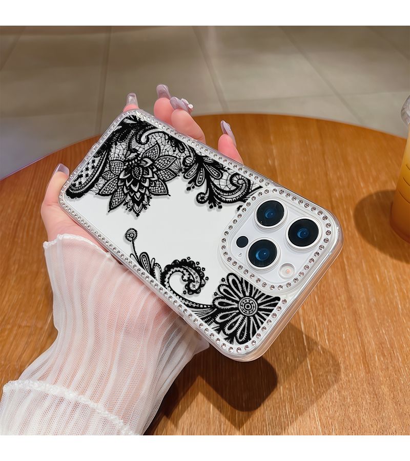 Clear Transparent Rhinestone Lace Flower Pattern Phone Case For iPhone 16 Pro Max - Image 5