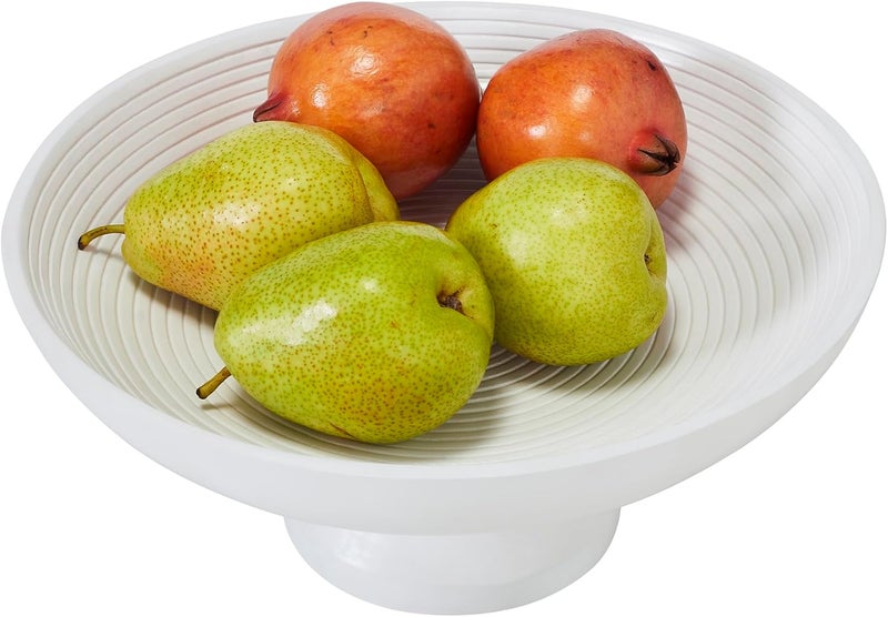 VHC Brands Ribbed White Wooden Fruit Bowl 55x12x12 Kitchen Decor Decorative Wooden Pedestal Bowl Perfect Centerpiece for Table Island or Counter - Image 1