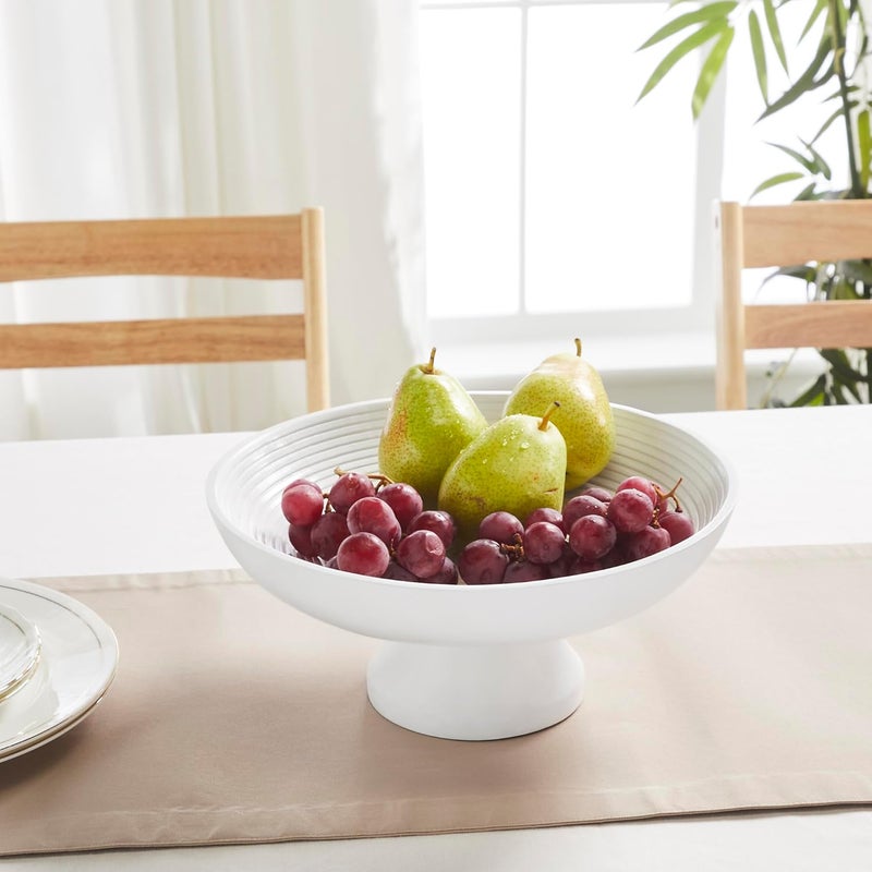 VHC Brands Ribbed White Wooden Fruit Bowl 55x12x12 Kitchen Decor Decorative Wooden Pedestal Bowl Perfect Centerpiece for Table Island or Counter - Image 2