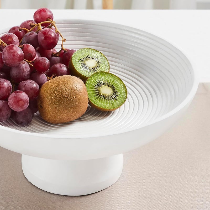 VHC Brands Ribbed White Wooden Fruit Bowl 55x12x12 Kitchen Decor Decorative Wooden Pedestal Bowl Perfect Centerpiece for Table Island or Counter - Image 3