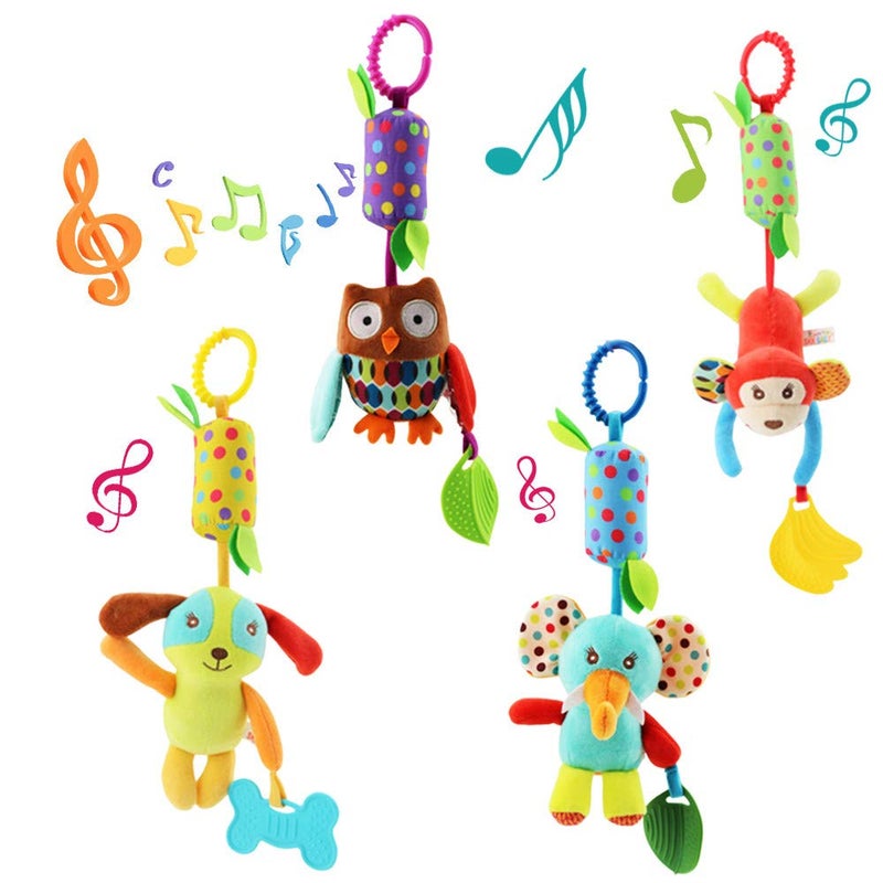 Joyshare 4 PCS Baby Soft Hanging Rattle Crinkle Squeaky Toy - Baby Toys for 0 3 6 9 to 1 Animal Ring Plush Stroller Infant Car Bed Crib Travel Activity Hanging Wind Chime with Teether for Boys Present - Image 1