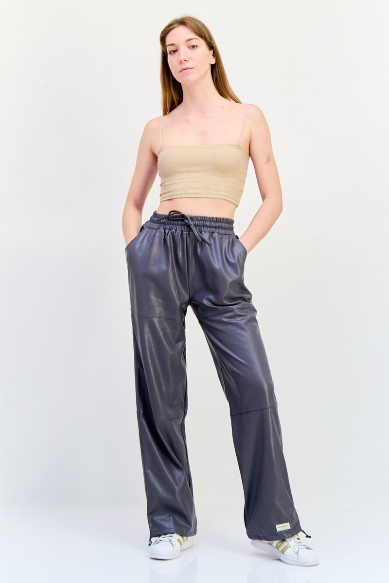 The Giving Movement Women Regular Fit Plain Leather Jogger Pants, Grey  - Image 3