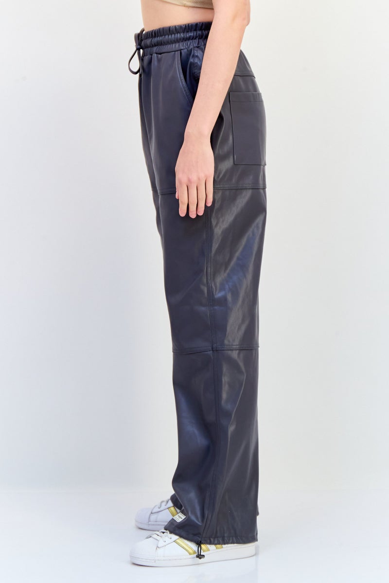 The Giving Movement Women Regular Fit Plain Leather Jogger Pants, Grey  - Image 2